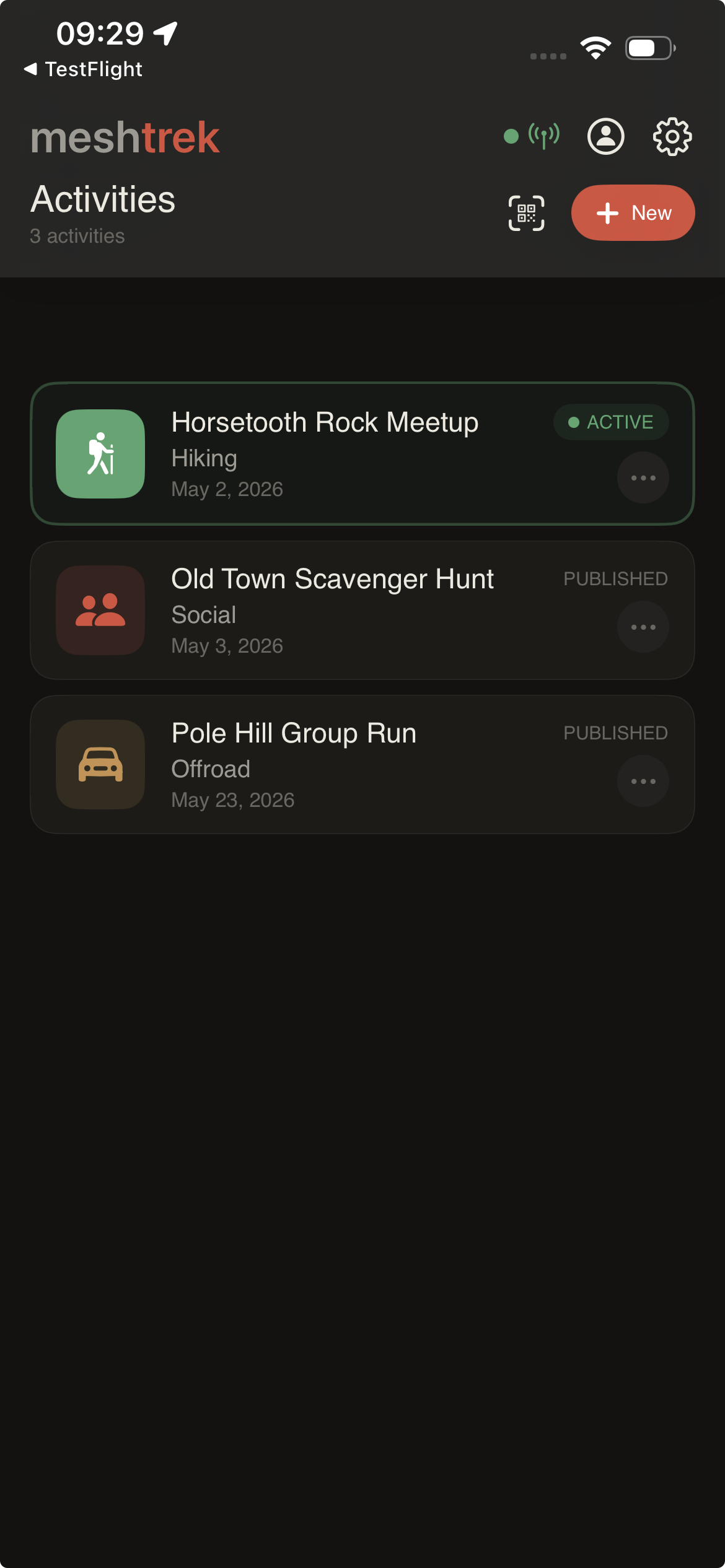MeshTrek activity map with member positions and waypoints